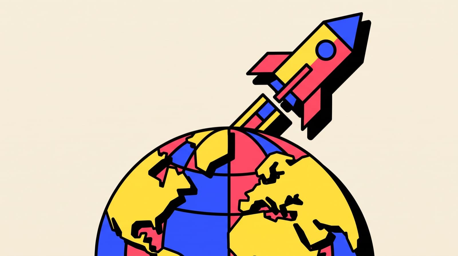 Illustration: a rocket launching off a globe