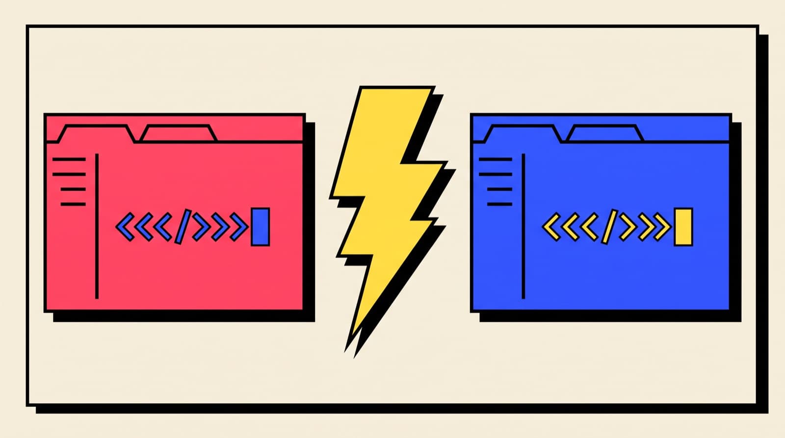 Illustration: two code-editor windows facing off with a lightning-bolt divider