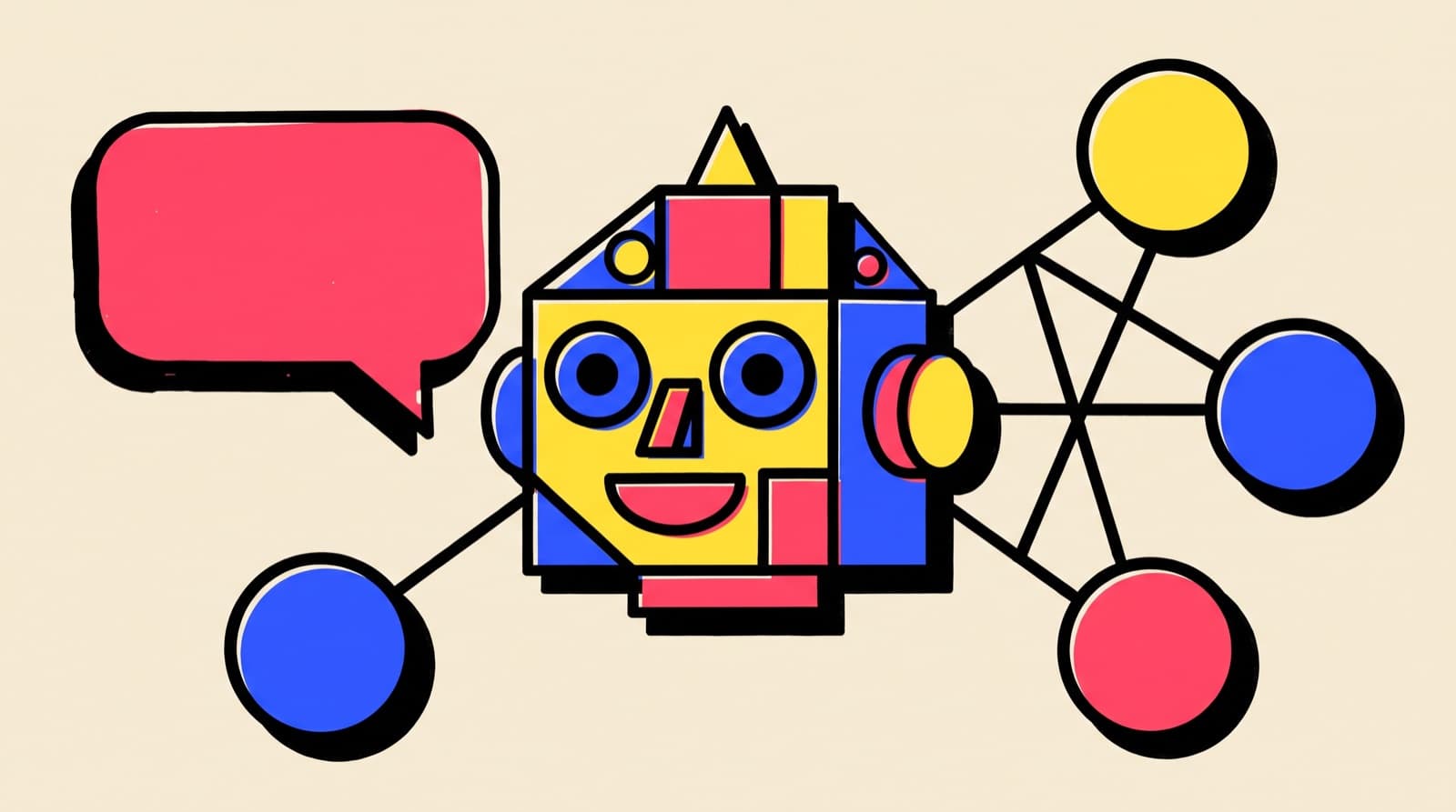 Illustration: an AI robot, a speech bubble, and neural-network nodes