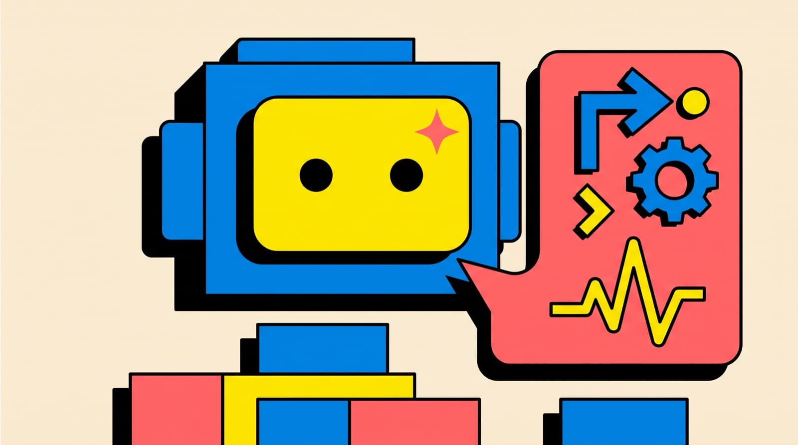 Illustration: a friendly robot with a speech bubble of automation icons